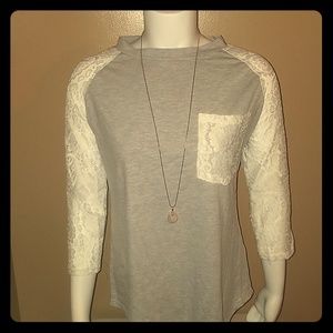 Gray lace sleeved baseball style raglan tee